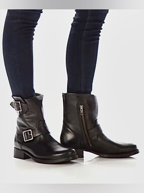 Frye Black Leather Buckle Moto Ankle Boots